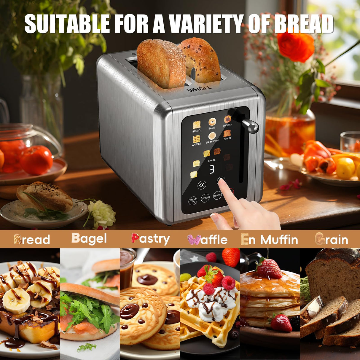 WHALL Touch Screen Toaster 2 Slice, Stainless Steel Digital Timer Toaster with Sound Function, Smart Extra Wide Slots Toaster with Bagel, Cancel, Defrost (silver) whall