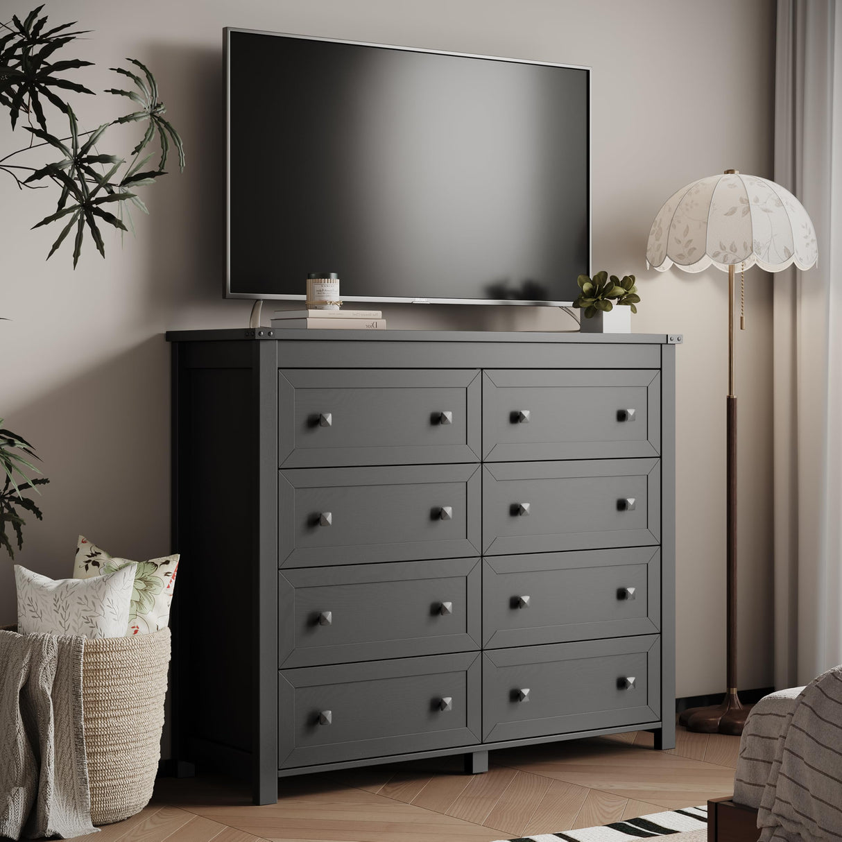 Dresser for Bedroom with 8 Drawers, Farmhouse Wood Chest of Drawers, Wide TV Stand Closet Storage Furniture with Metal Handle, Modern Clothes Organizer for Hallway, Living Room, Entryway, Black Xixini