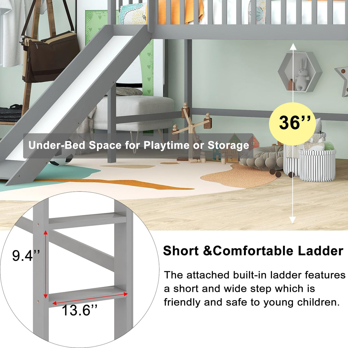 Bellemave Twin Size Loft Bed for Kids,Low Loft Bed with Slide and Ladder,Wood Loft Bed Twin for Girls Boys,Grey Bellemave