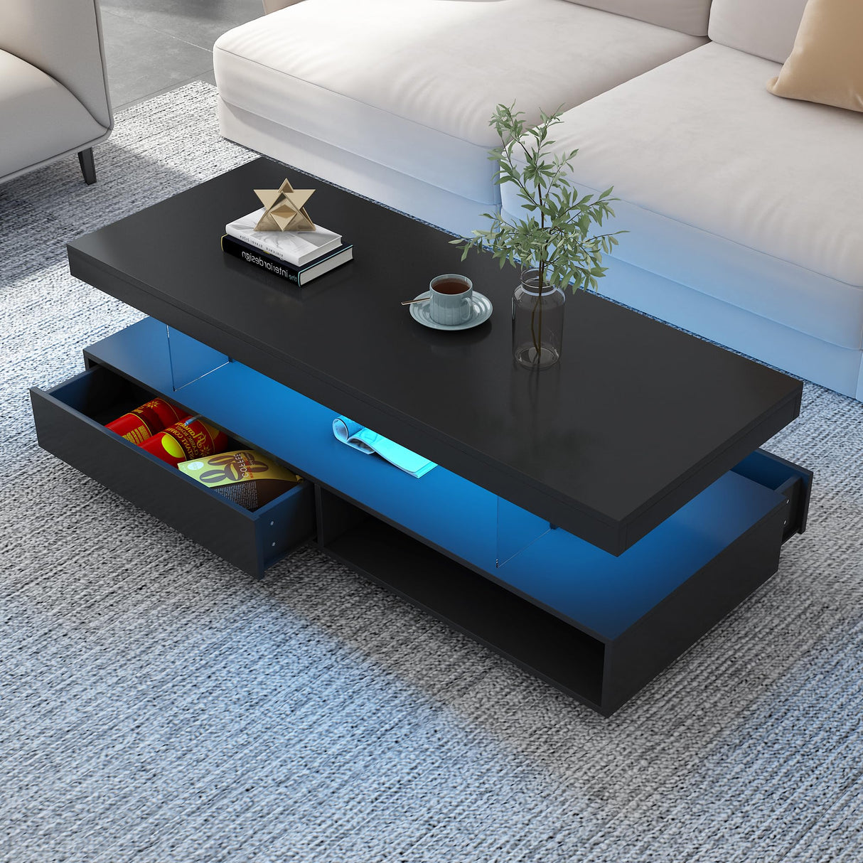 realglow LED Coffee Table with Storage, High Glossy LED Coffee Tables for Living Room, Center Table with Open Display Shelf & Sliding Drawers, (Black) realglow