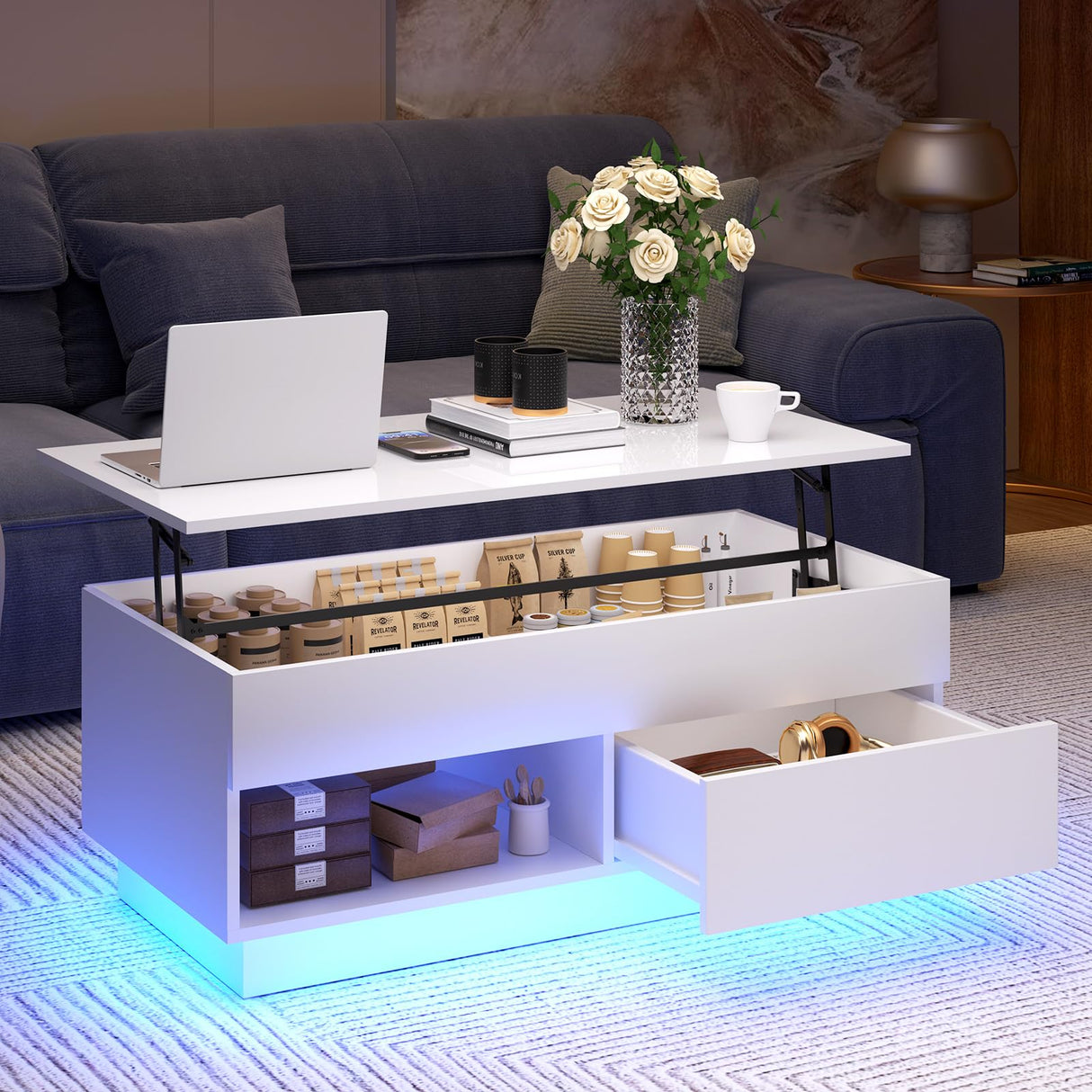 HOMMPA LED Lift Top Coffee Table and TV Stand Set of 2,Modern LED Entertainment Center with Power Outlets for up to 65" TV, Coffee Table with Hidden Compartment & 1 Open Shelve & 1 Drawers White HOMMPA