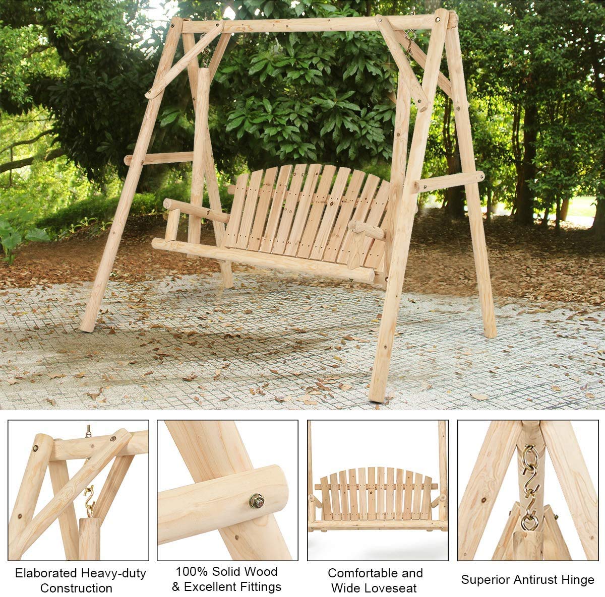 S AFSTAR Porch Swing, Outdoor Wooden Swing with A-Frame for 2 Person, Rustic Hardwood Swing Chair for Patio Garden Yard, 6.5' Wooden Swing Bench for Adult Senior Toddler, Natural S AFSTAR