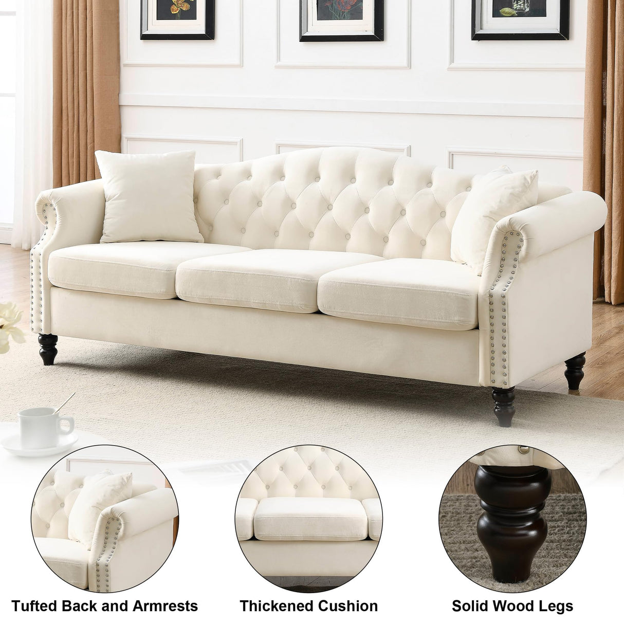 ATUMON 79" 2 Piece 3-Seater Velvet Chesterfield Sofa Couch for Living Room, Combination Sofa with 4 Pillows,Button Tufted Trimming Curved Backrest Rolled Arms with Black Legs, Beige ATUMON