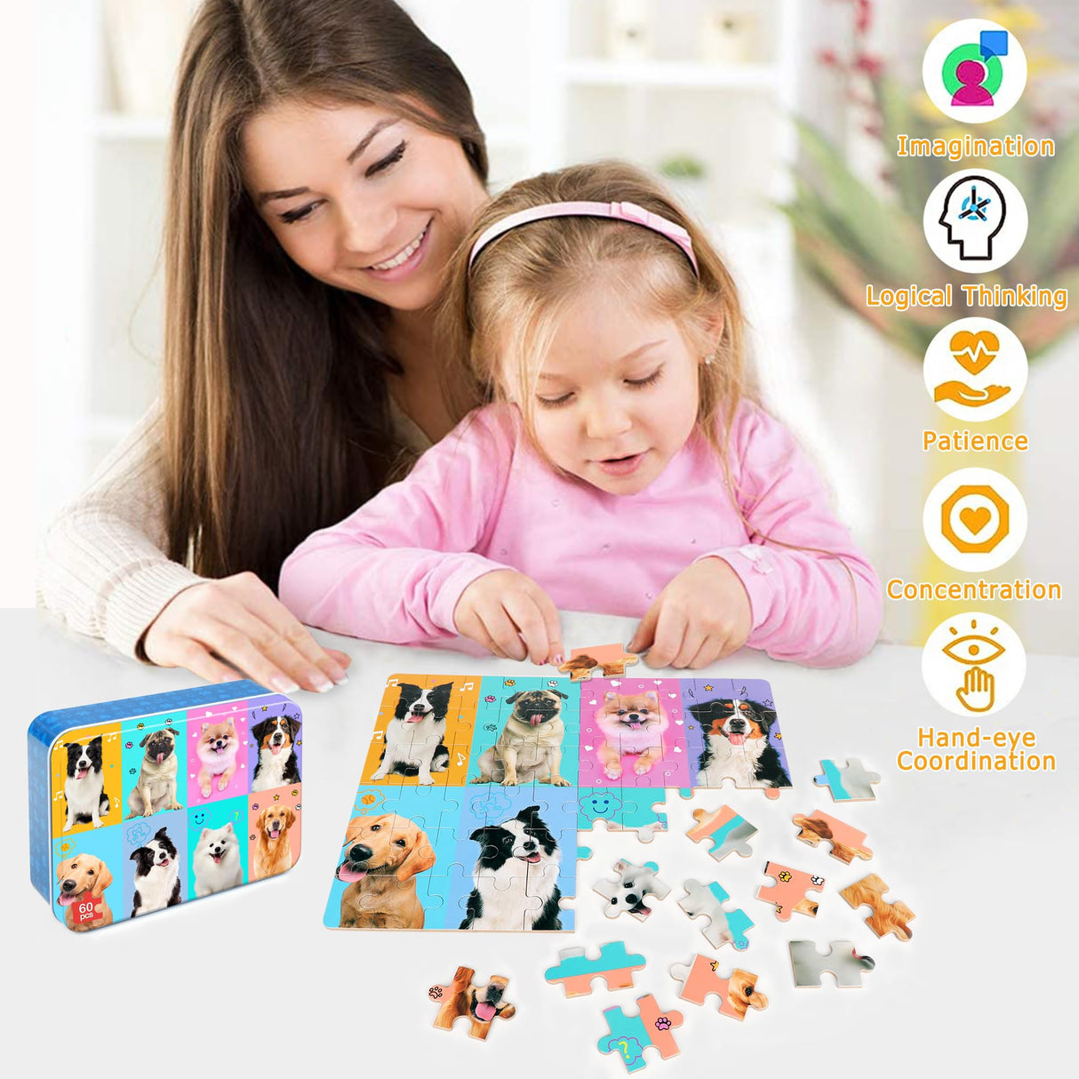 LELEMON Puzzles for Kids Ages 4-6,Dog 60 Piece Puzzles for Kids Ages 4-8,Children Jigsaw Puzzles Kids Puzzles in a Metal Box,Educational Learning Puzzle Toys for Girls and Boys LELEMON