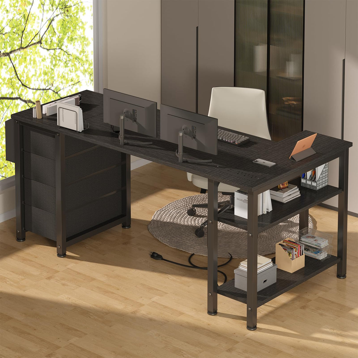 Lufeiya L Shaped Gaming Desk with Drawers & Storage Shelves, 55 Inch Corner Computer Desk with Power Outlet for Home Office Bedroom, L-Shaped Teen PC Desks with Fabric Drawer, Black Lufeiya