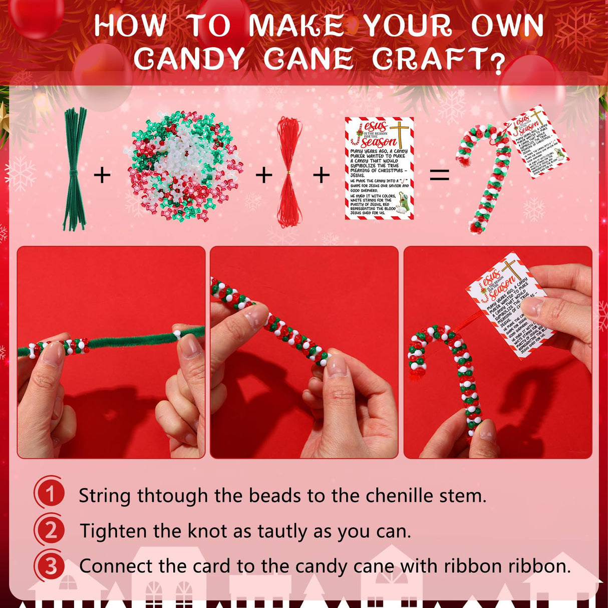 Hollowfly 48 Set Christmas Meaning of The Candy Cane Craft Kit DIY Christmas Tri Beaded Ornament Includes 2160 Plastic Tri Beads 48 Cards 48 Chenille Stems for Jesus Religious Crafts Xmas Tree Decor Hollowfly