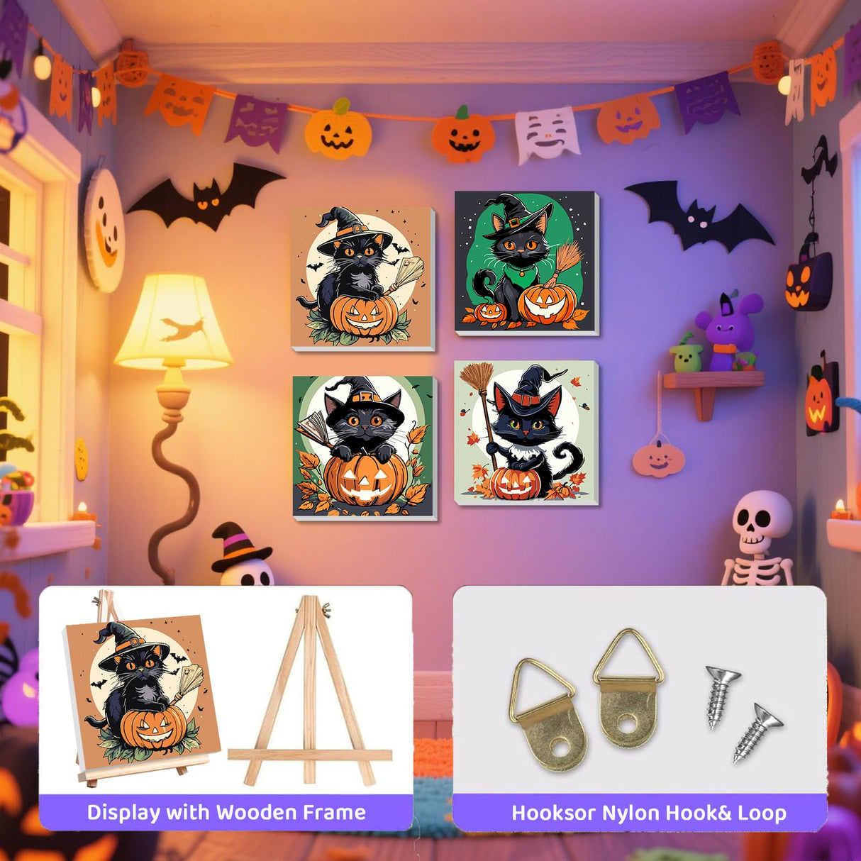 4 Pack Halloween Paint by Number for Kids with Wooden Frame, Paint by Numbers for Kids Black Cat Ages 4-8-12, Easy Pumpkin DIY Acrylic Oil Painting Kits for Home Wall Decor (8X8 inch) xackcme