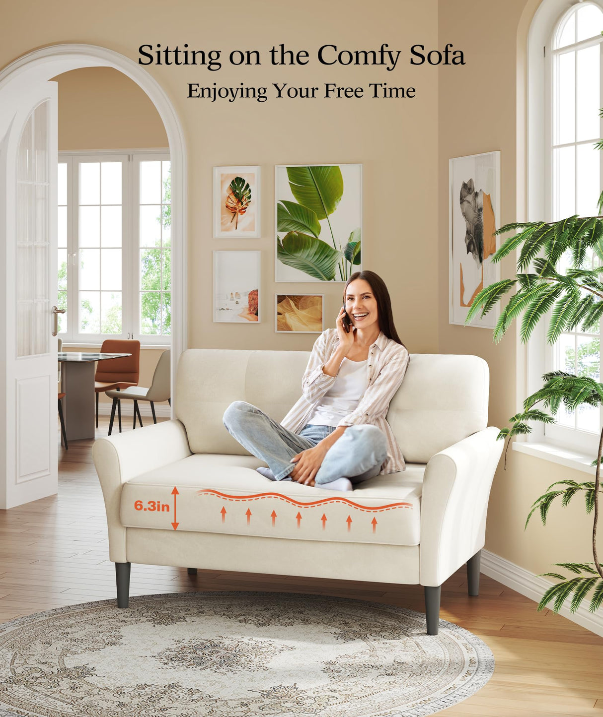 Kidirect 48" Loveseat Sofa, Small Couch for Bedroom, Comfy Love Seat with 21in Extra Deep Seats, 2 Seats Sofa Couch for Small Spaces, Apartment, Tool-Free Setup Mini Couch, Beige White Velvet Couch Kidirect