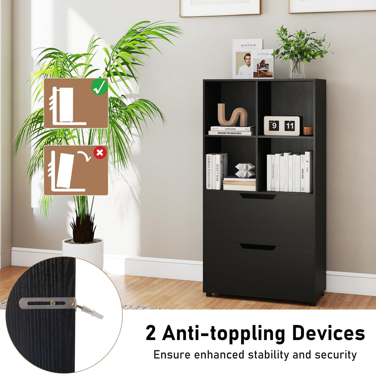Giantex Bookcase with 2 Drawers, 51” Tall Floor Bookshelf w/4 Cubes, Anti-tip Kits, Freestanding Display Rack, Cubby Storage Organizer for Study, Living Room, Home Office, Black Giantex