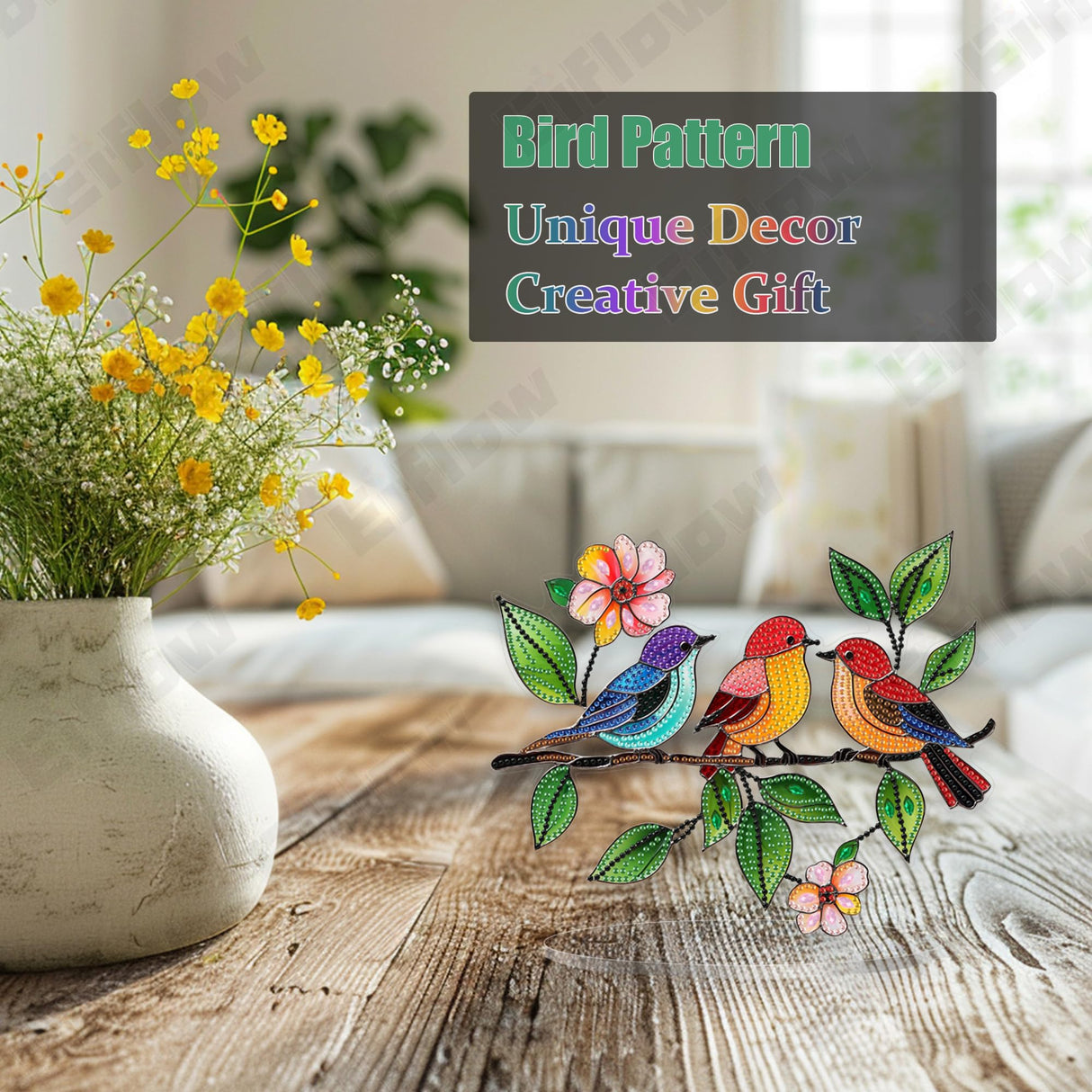 Eiflow Tabletop Special Diamond Art Kit Bird, Stand Up Diamonds Painting Kit for Adults Spring, DIY Acrylic Diamond Desk Placement Board Ornament Eiflow