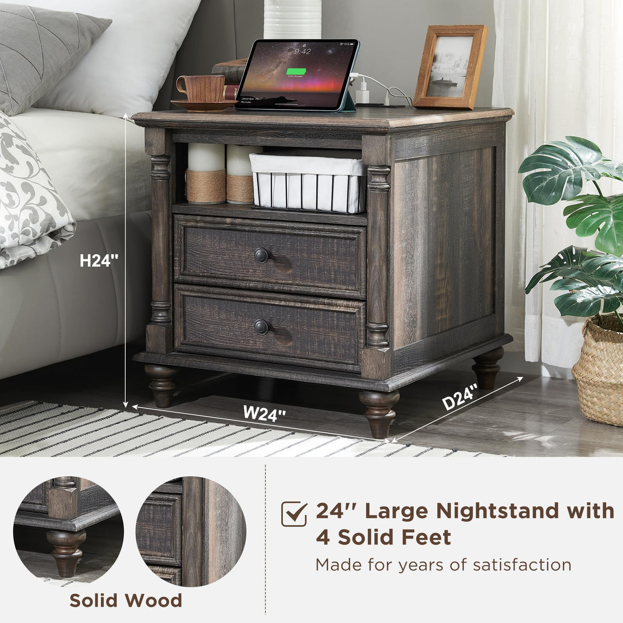 T4TREAM 24'' Farmhouse End Table w/4 Solid Wood Feet, Large 2 Drawers Wide Sofa Side Table with Charging Station, Tall Rustic Wood Square Nightstand for Living Room, Bedroom, Office, Dark Rustic Oak T4TREAM