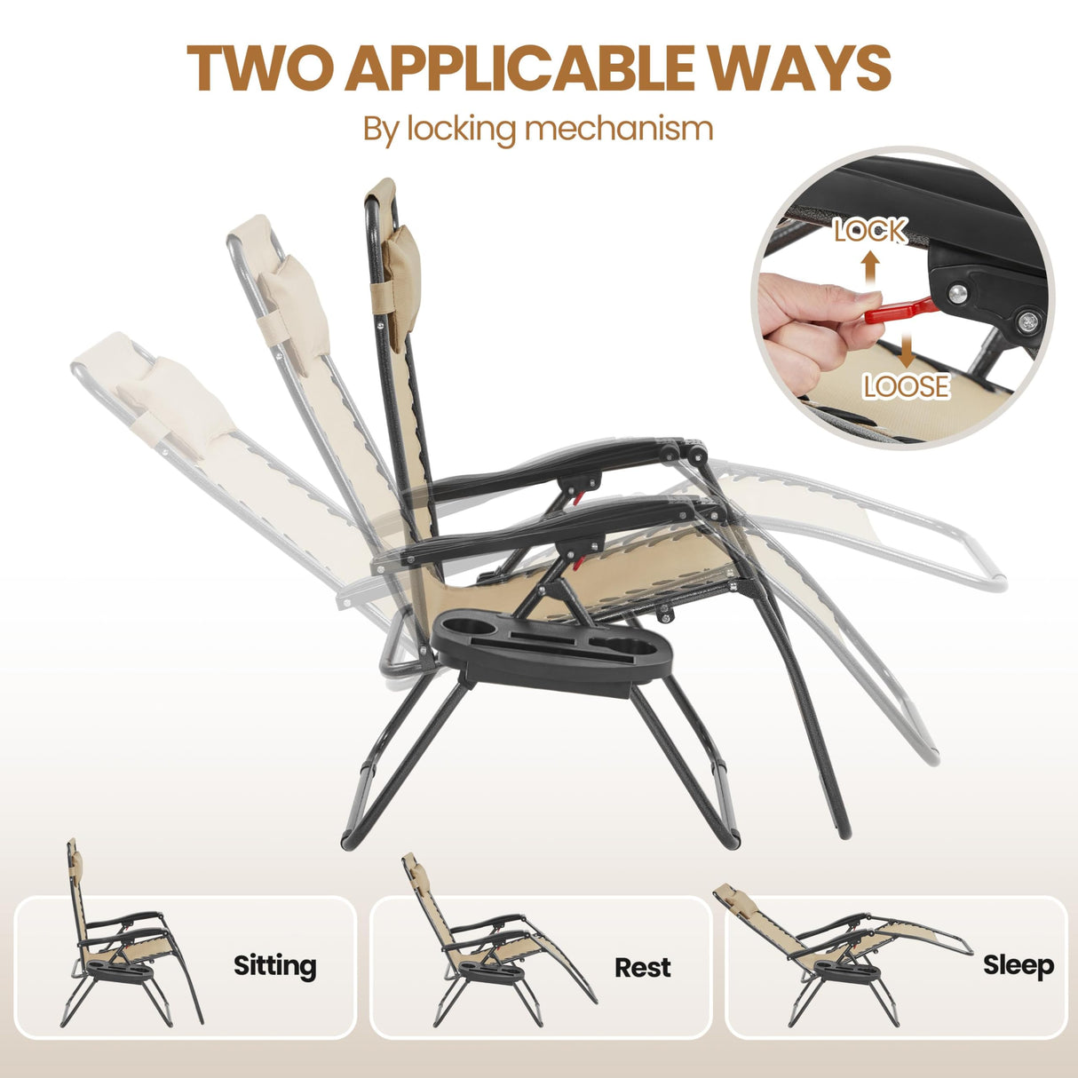 Yaheetech 3PCS Zero Gravity Recliner Portable Outdoor Reclining Chair Set w/Side Table Folding Chaise Lounge Chairs for Patio Beach Deck Garden Pool Beige Yaheetech