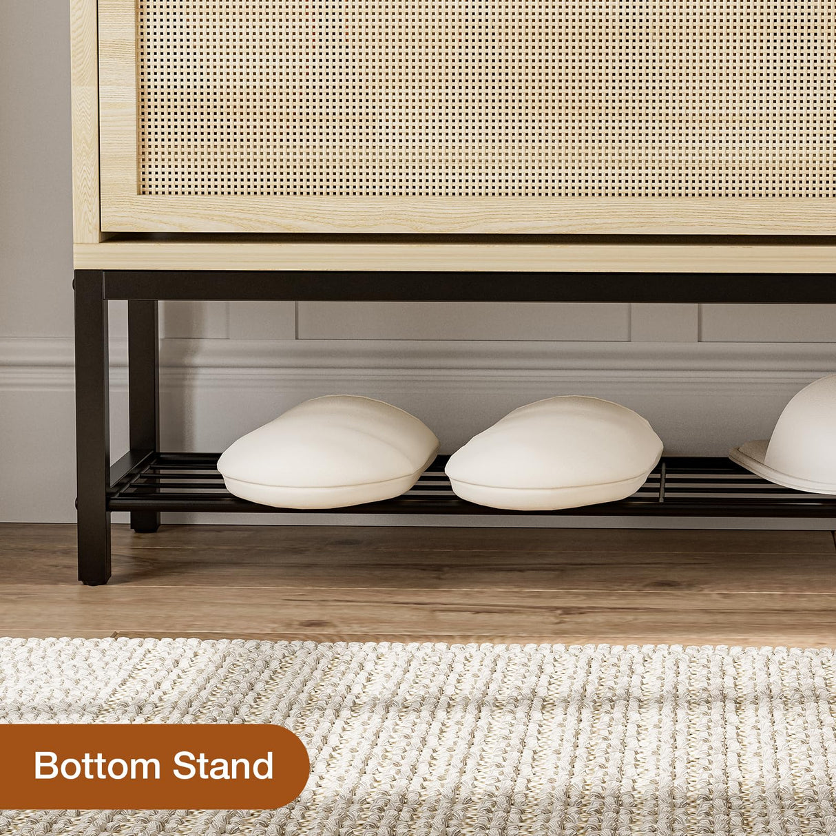 IKIFLY Natural Rattan Shoe Cabinet with LED Light, Shoe Rack Cabinet with 2 Flip Drawers & Open Shelves, Narrow Shoe Cabinet with Metal Legs, Shoe Storage Cabinet for Entryway, Living Room, Apartment IKIFLY