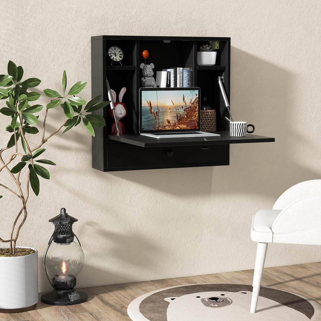 Tangkula Wall Mounted Desk, Multi-Function Floating Desk Wall Mount Laptop Desk, Space Saving Wall Mounted Table Wall Desk with Storage Drawer and Shelves (Black) Tangkula