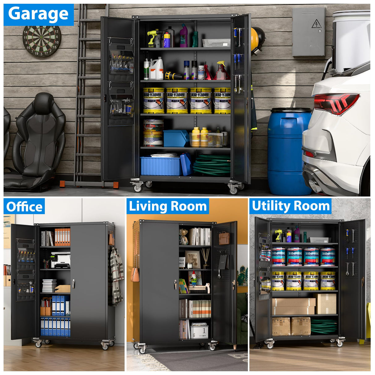 2025 Upgraded Wide & Deep Garage Storage Cabinet with Wheels, Lockable Metal Storage Cabinet with Pegboards and 9 Hooks, 2 Tool Pouches for Garage,4 Adjustable Shelves (Black,43''W x 22''D x 72''H) SUXXAN