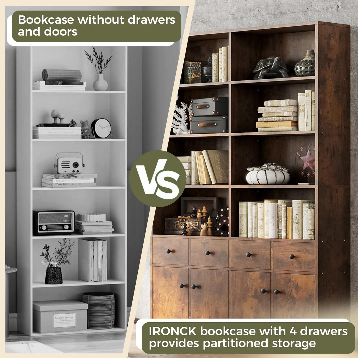 IRONCK 78.7" Bookcase with 4 Drawers and 4 Doors, 6 Tier Large Bookshelf with Storage, Floor Standing Display Storage Shelves, Tall Storage Cabinet for Living Room (Rustic Brown) IRONCK