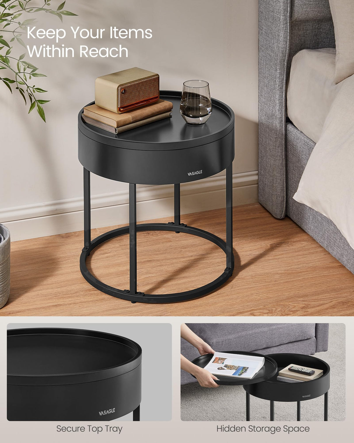 VASAGLE Round Coffee Tables, Set of 2 Nesting Tables, Modern Round Side Tables with Hidden Storage and Top Tray, for Living Room, Bedroom, Office, Ebony Black and Ink Black ULCT044B56 VASAGLE