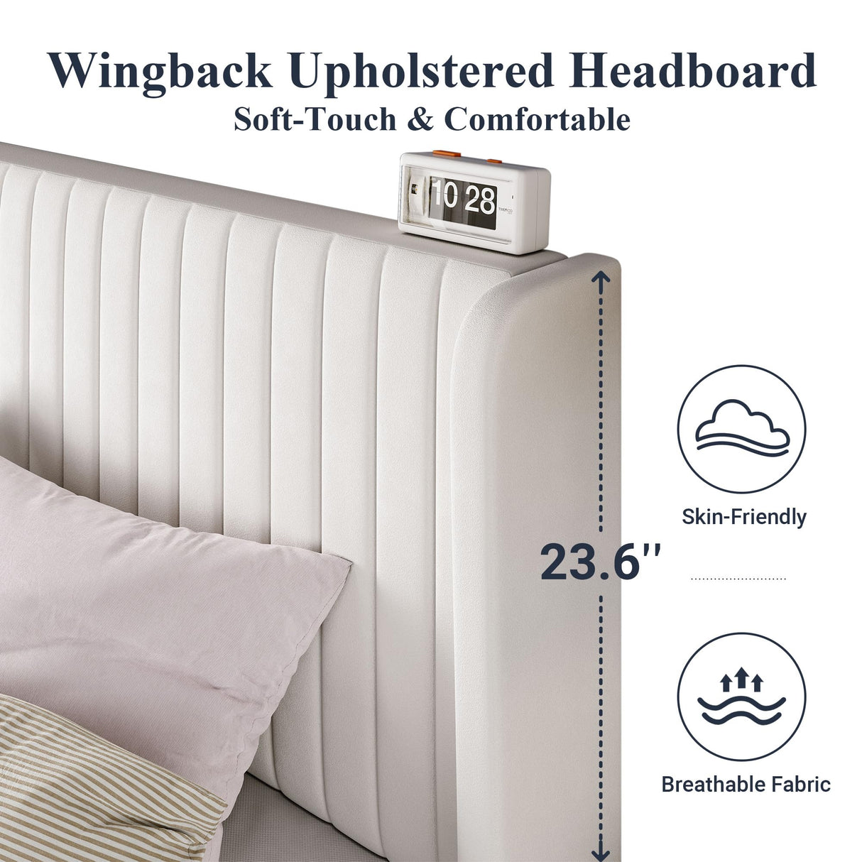 Allewie Queen Size Velvet Bed Frame/Vertical Channel Tufted Wingback Headboard/Upholstered Platform Bed/Strong Wooden Slats/No Box Spring Needed/Easy Assembly/White Allewie