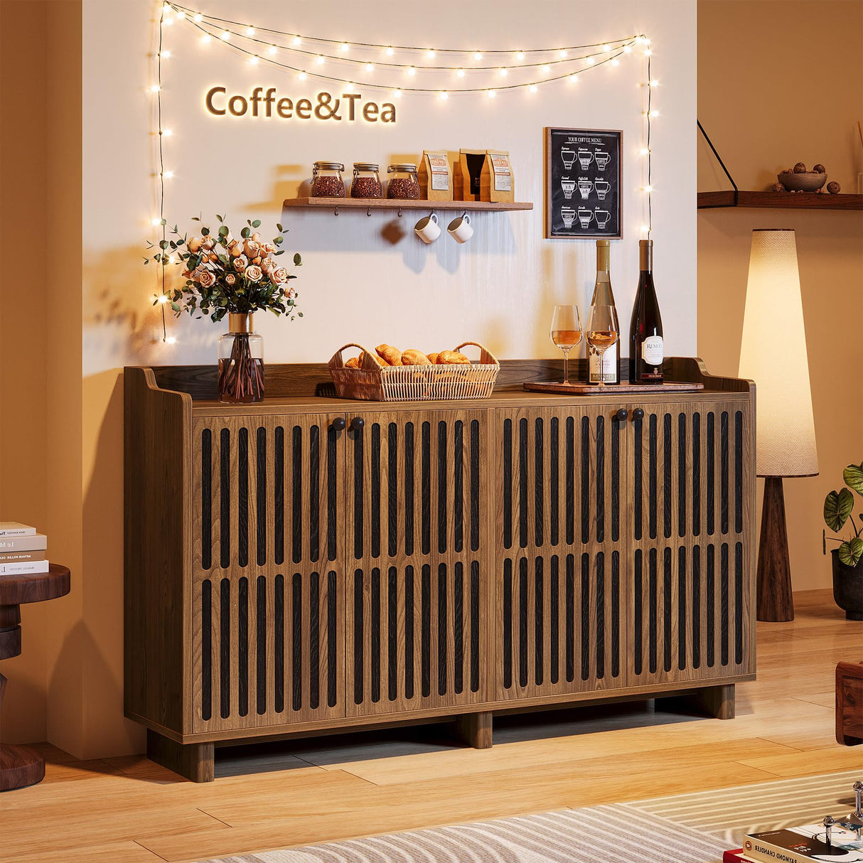 Tribesigns Sideboard Buffet Cabinet, 55-inch Farmhouse Kitchen Storage Cabinet with 4 Doors and Adjustable Shelves, Wood Credenzas Coffee Bar Cabinet for Living Room, Dining Room, Rustic Brown Tribesigns