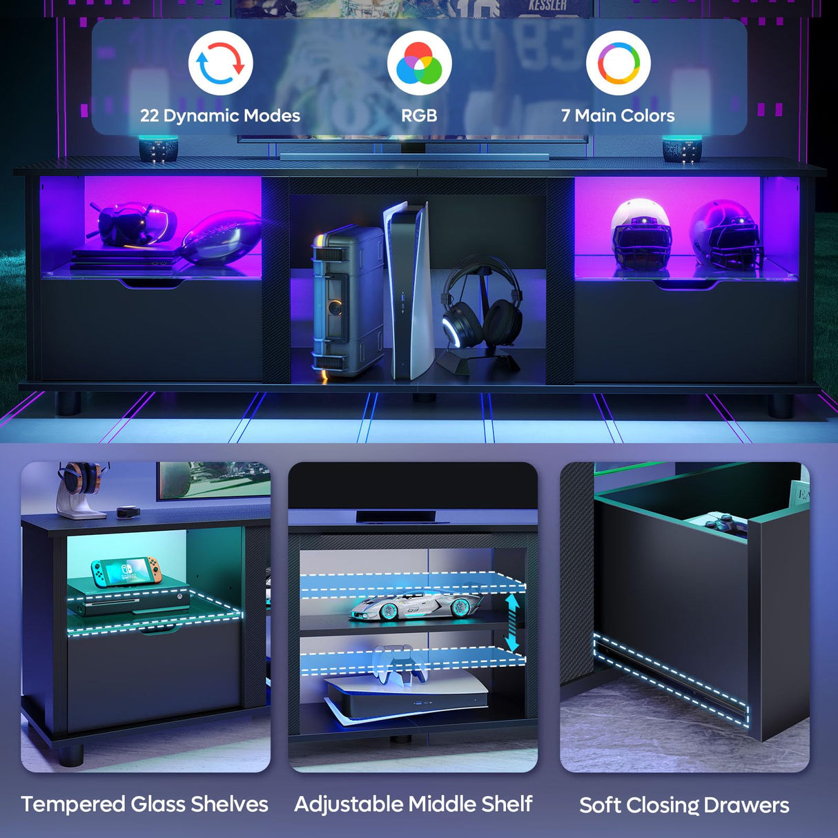 Bestier 70" Gaming Entertainment Center with Drawers, LED TV Stand for 75 Inch TV, TV Entertainment Stand for Living Room with Storage and Glass Shelves (Black 3D Carbon Fiber) Bestier