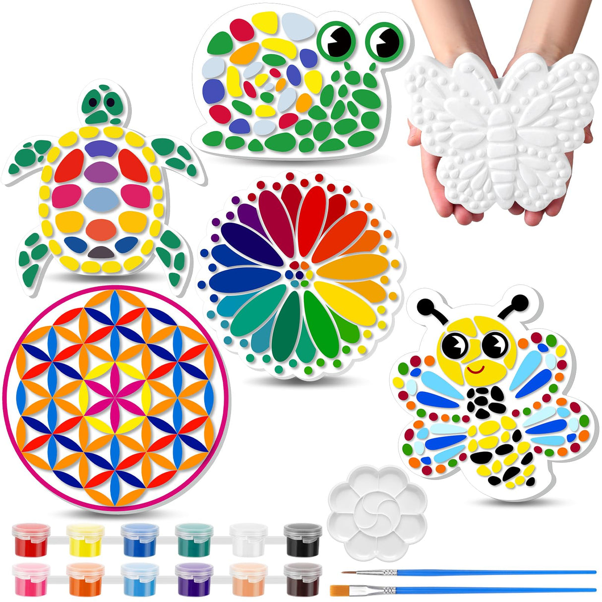 PullCrease 6 Pack Paint Your Own Plaster Stones - Kids Summer Arts and Crafts Garden Handprint Stepping Stone Painting Kit DIY Ceramic Craft Pottery Outdoor Painting Gifts for Kids Ages 4-12 PullCrease