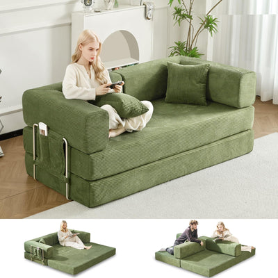 GEARIVY Folding Sofa Bed Convertable Corduroy Couch King Size Floor Sleeper 4-in-1 DIY Combination Modular Sofa Fold Out Futon Lounge Comfy Foldable Lazy cama for Living Room (Green, 70.86")