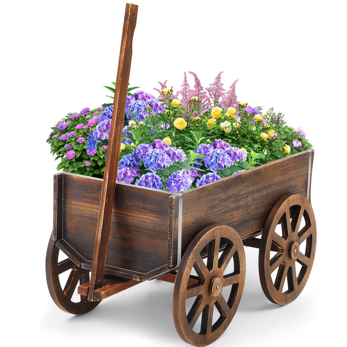 Beeveer Wooden Wagon Planter Box, Garden Planter with Wagon Wheels, Flower Cart for Patio Garden Balcony, Decorative Patio Planter Flowers Herbs Vegetables for Indoor Outdoor Decor, Brown (Classic) Beeveer