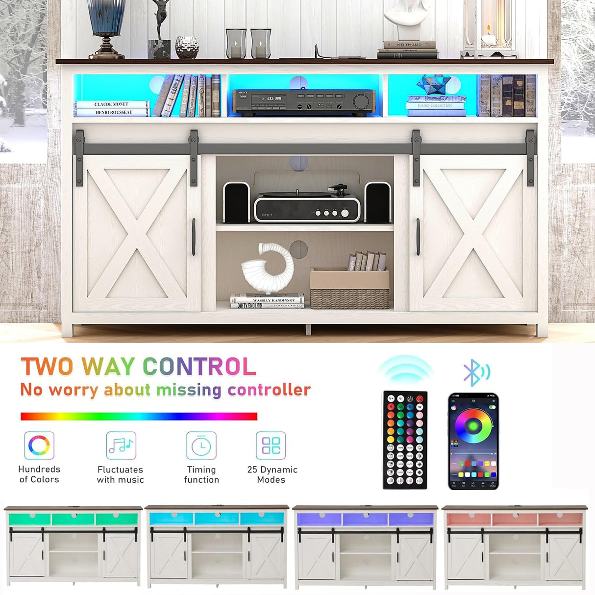 Vinctik 6&Fox 57” Wooden Farmhouse TV Stand for 60/65 inch TV,Double Layer Storage Entertainment Center TV Console Table,w Double-Row Sockets and 2 Sliding Barn Door,Media Cable Box(White) Vinctik 6&Fox