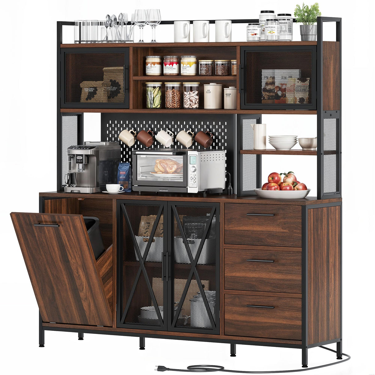 DWVO Kitchen Pantry Cabinet with Trash Can Cabinet, Large Microwave Stand w/Power Outlet, Kitchen Hutch Storage Cabinet Metal Frame Kitchen Cupboard, Rustic Brown, 63" W x 15.7" D x 69" H DWVO