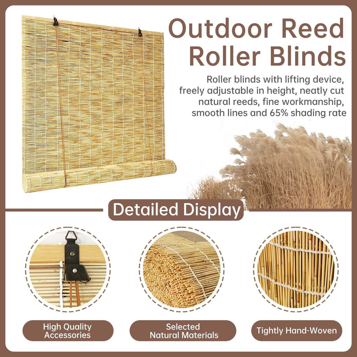 Natural Bamboo Reedcurtain with Lift, Sun Protection Outdoor Reedroller Blinds Retro, Breathable Roll up Shades for Windows, Privacy Protection, Customize, For Windows Patio Porch Indoor Outdoor(Prima XWLSLJFUH