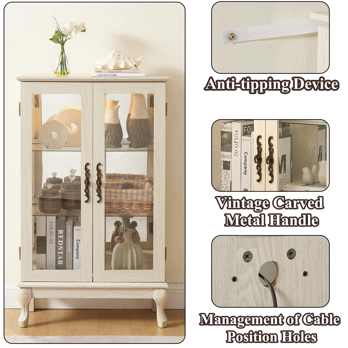 nifoti 43" H Lighted Curio Cabinet Display Case, Glass Curio Cabinet with Adjustable Shelves & Tempered Glass Door, Wooden Curio Cabinet with Mirrored Back Pane for Living Room (Antique White) nifoti