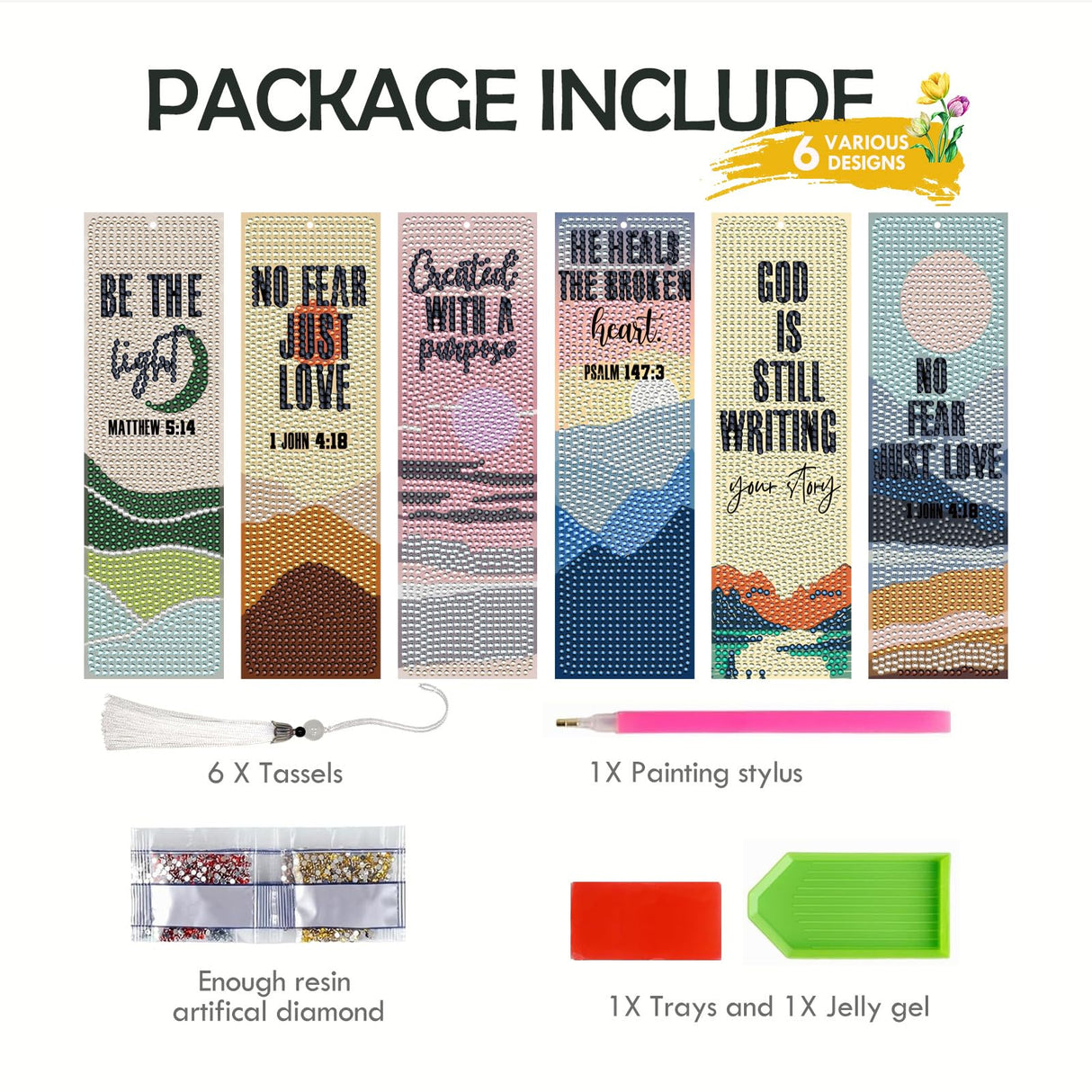 INCOK Christian Diamond Art Bookmarks - 6 Pcs DIY Bible Verse Diamond Painting Bookmarks with Mountains Rivers Pattern Religious Gem Art Craft Inspirational Gift for Reading Lovers Beginners INCOK