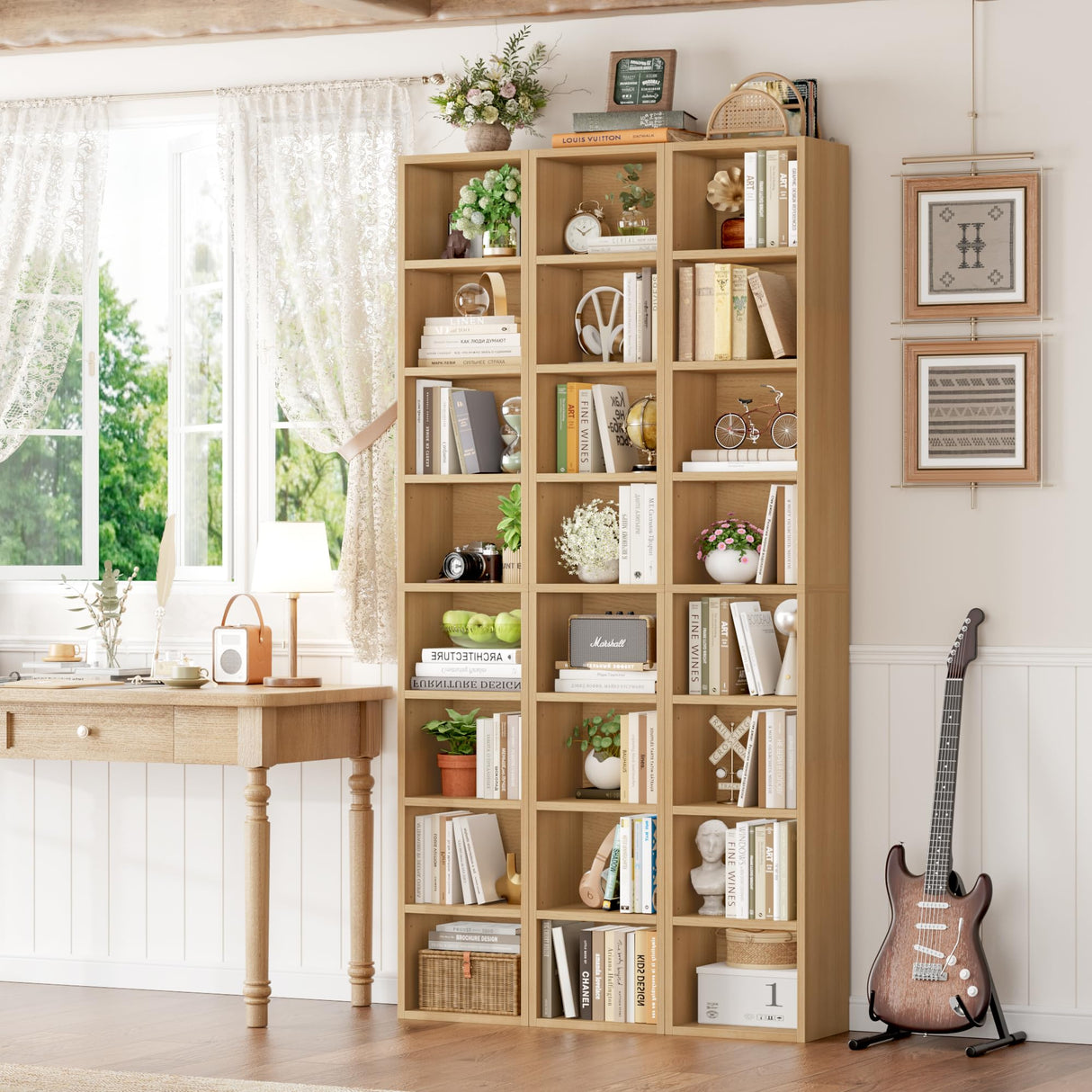 FOTOSOK 8-Tier Media Tower Rack, 11.6 X 9.3 X 71 Inches CD DVD Slim Storage Cabinet with Adjustable Shelves, Tall Narrow Bookcase Display Bookshelf for Home Office, Natural FOTOSOK