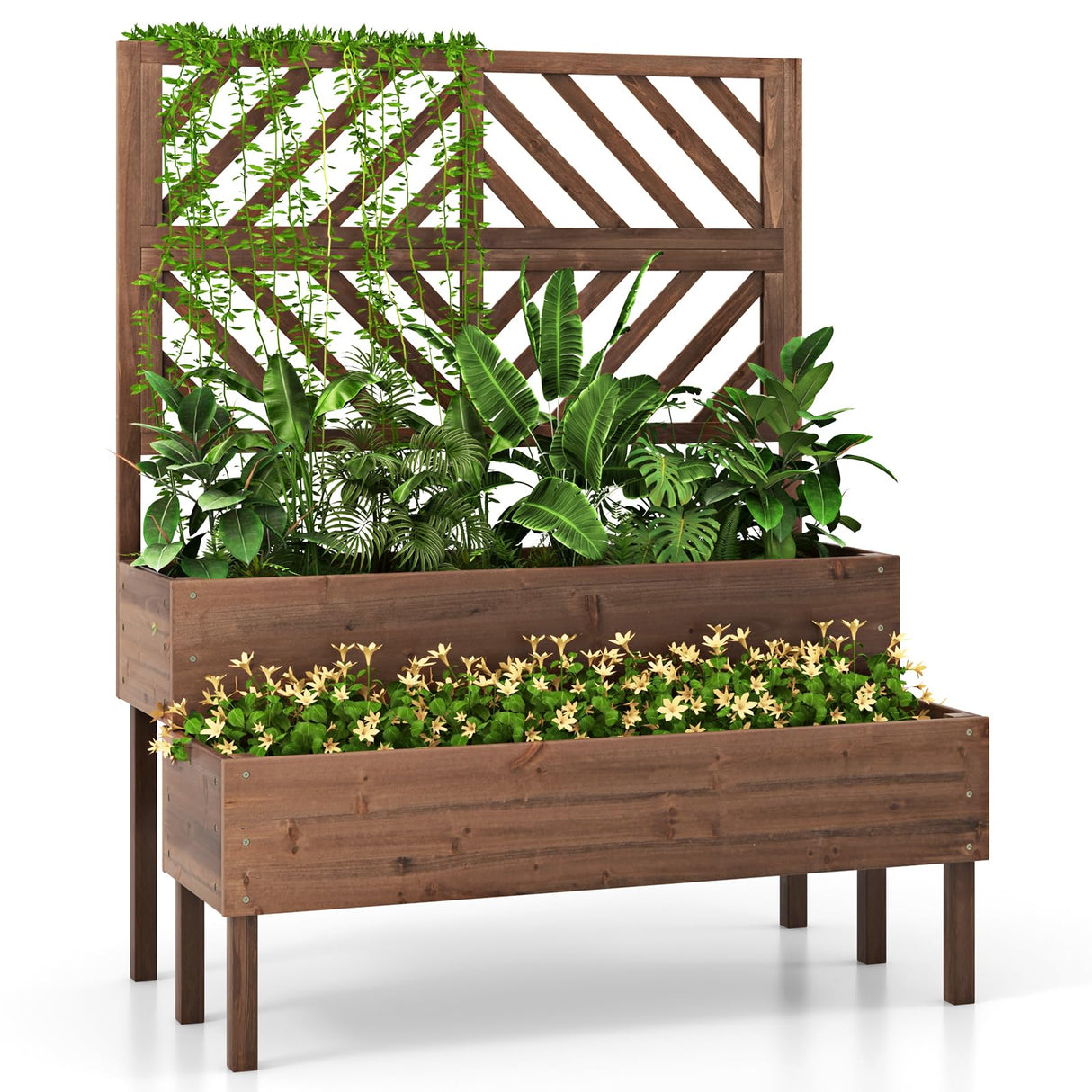 Toolsempire Raised Garden Bed with Trellis & 2 Planter Boxes, 2-Tier Outdoor Wooden Elevated Planter Box with Legs & Drainage Holes, Gardening Planter for Flowers, Herbs, Vegetables & Fruits(Brown) Toolsempire