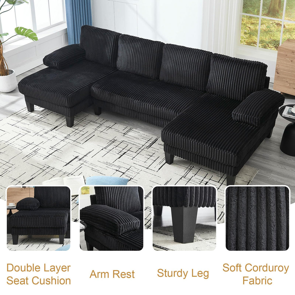 114.2” W Corduroy Sectional Sofa for Living Room, U-Shaped Couch with Double Chaises and Comfortable Backrest, Modern 4-Seater Deep Cloud Sofa (Black) LUCKHAO