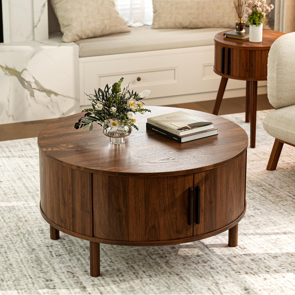 ZttRiee Coffee Table for Living Room, Modern Round Coffee Table with Cabinets & Sliding Doors, Home Small Space, 29.9" Fluted Center Table, Walnut ZttRiee