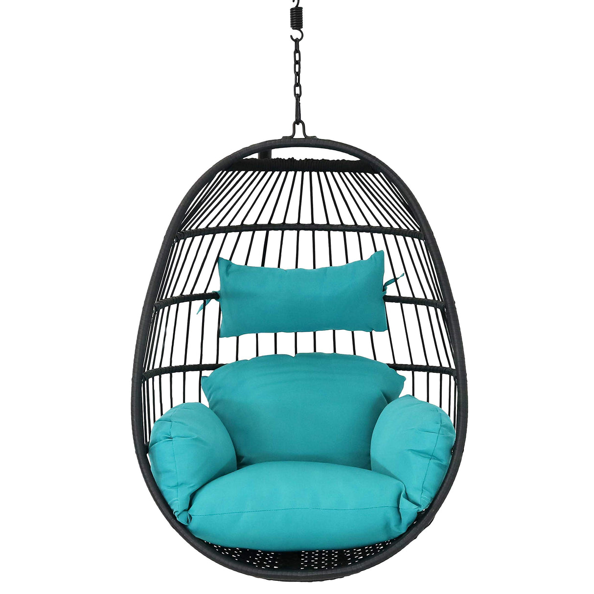 Sunnydaze Dalia Black Steel and Polyethylene Wicker Hanging Egg Chair with Teal Polyester Seat Cushions - 45-Inch Tall Sunnydaze