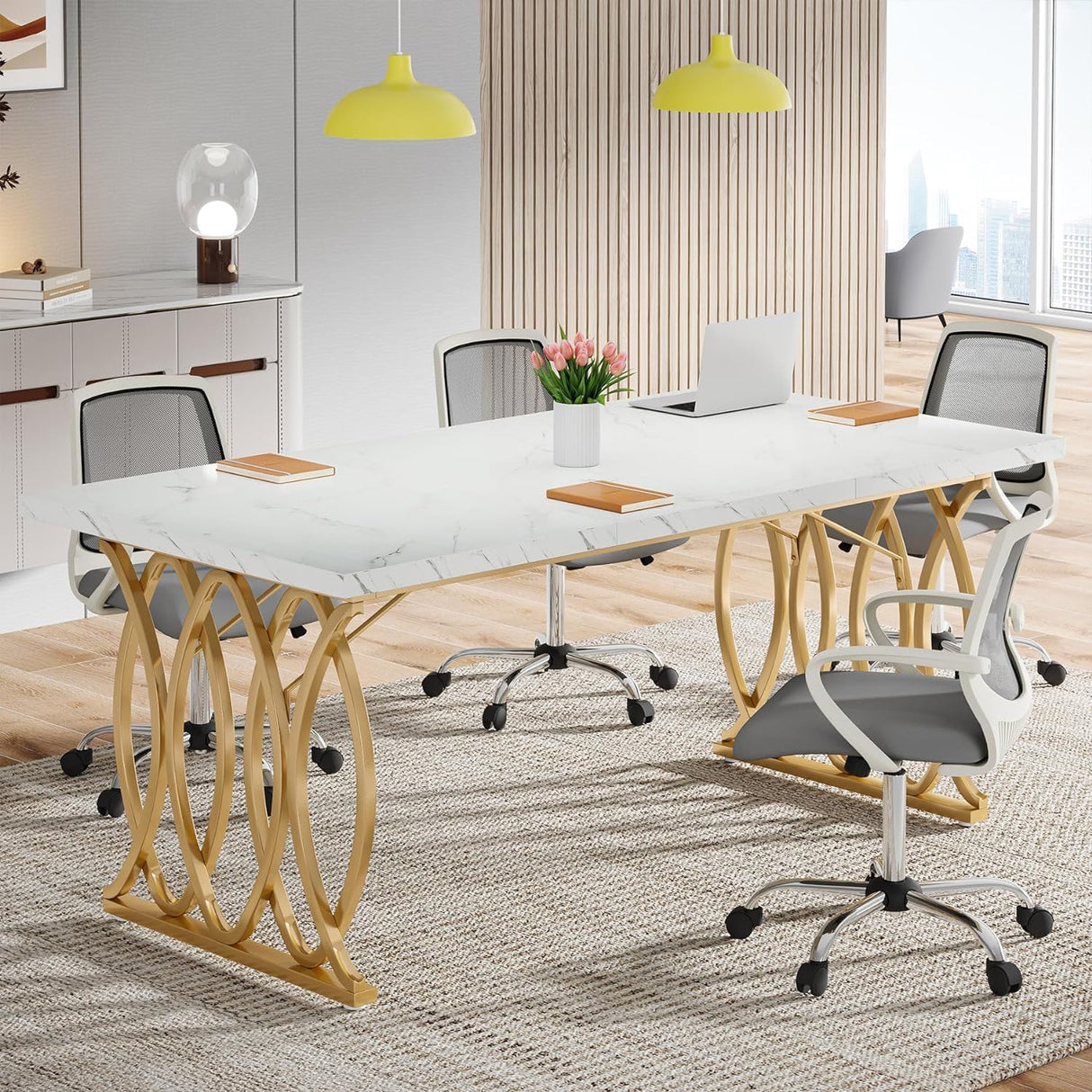 Tribesigns Executive Desk, 63" W Large Computer Desk, Modern Office Desk Conference Table Meeting Room Table, Business Furniture for Home Office, White and Gold Tribesigns