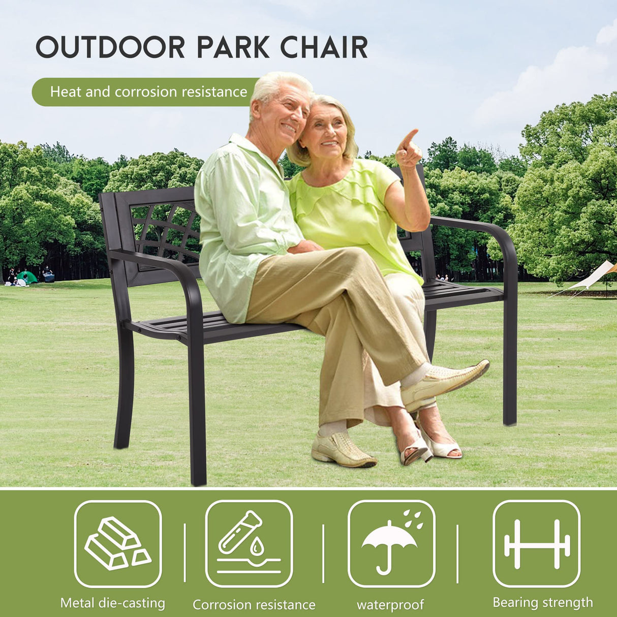 Ruesleag Garden Bench,Metal Outdoor Bench Park Bench with Plastic Mesh Backrest Armrests Sturdy Steel Frame for Patio Yard Porch Entryway Black Ruesleag