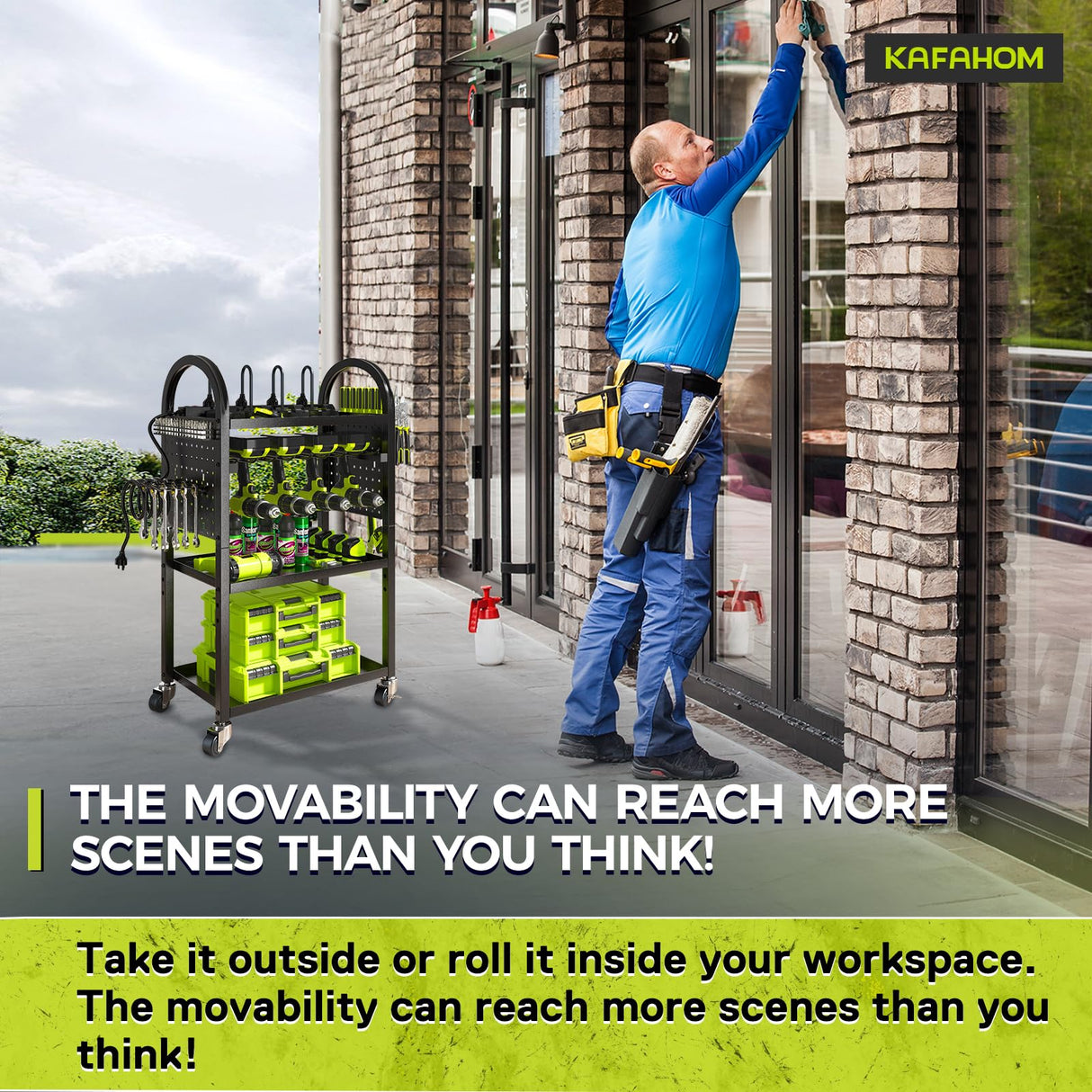 KAFAHOM Power Tool Organizer Cart with Charging Station,Garage Floor Rolling Storage on Wheels for Mechanic,Mobile 8 Drill Holder, Utility Cart with Battery Charging 8 Outlet Power Strip KAFAHOM