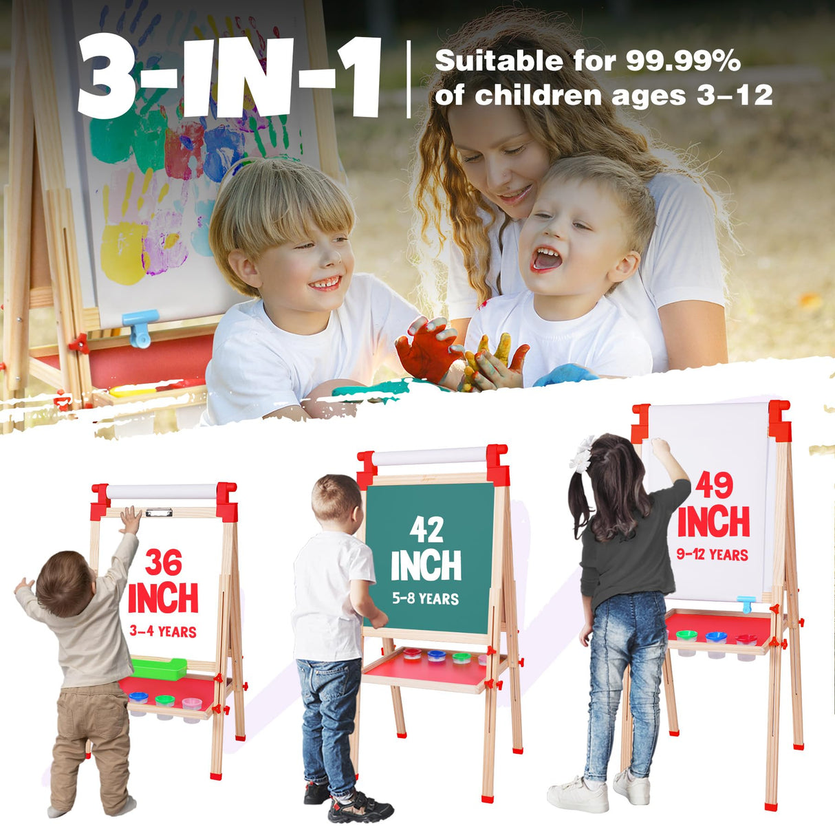 JOYOOSS Kids Wooden Easel with Paper Roll - Adjustable Magnetic Double Sided Drawing Board Whiteboard & Chalkboard Dry Easel Board,Children Art Easel for 3~12 Years Kids Boys Girls Painting Drawing Joyooss