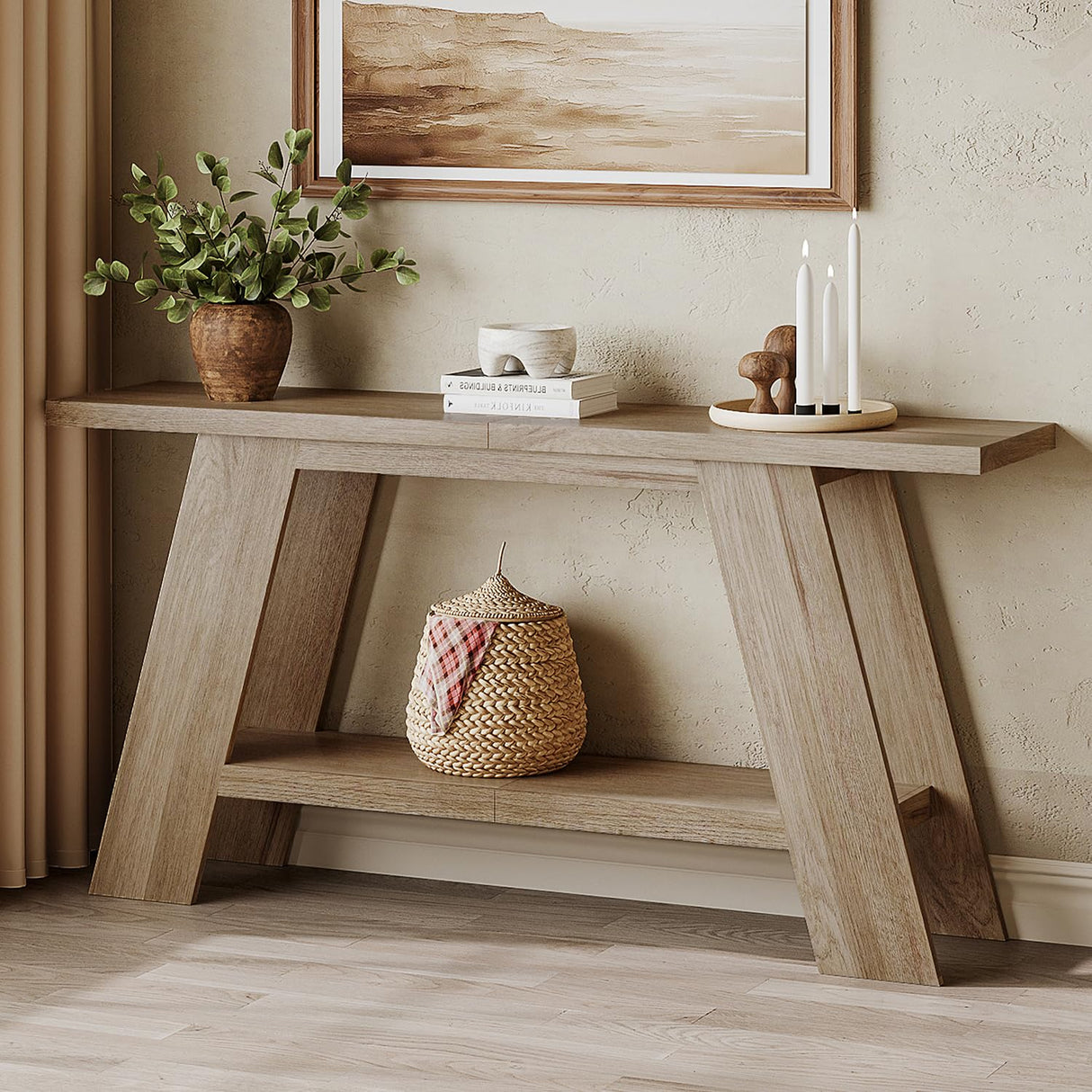 Treocho 63 Inch Long Farmhouse Console Tables for Entryway, 2-Tier Modern Wood Sofa Table with Shelf Behind Couch, Contemporary Narrow Entryway Table for Living Room, Hallway, Entrance, Walnut Treocho