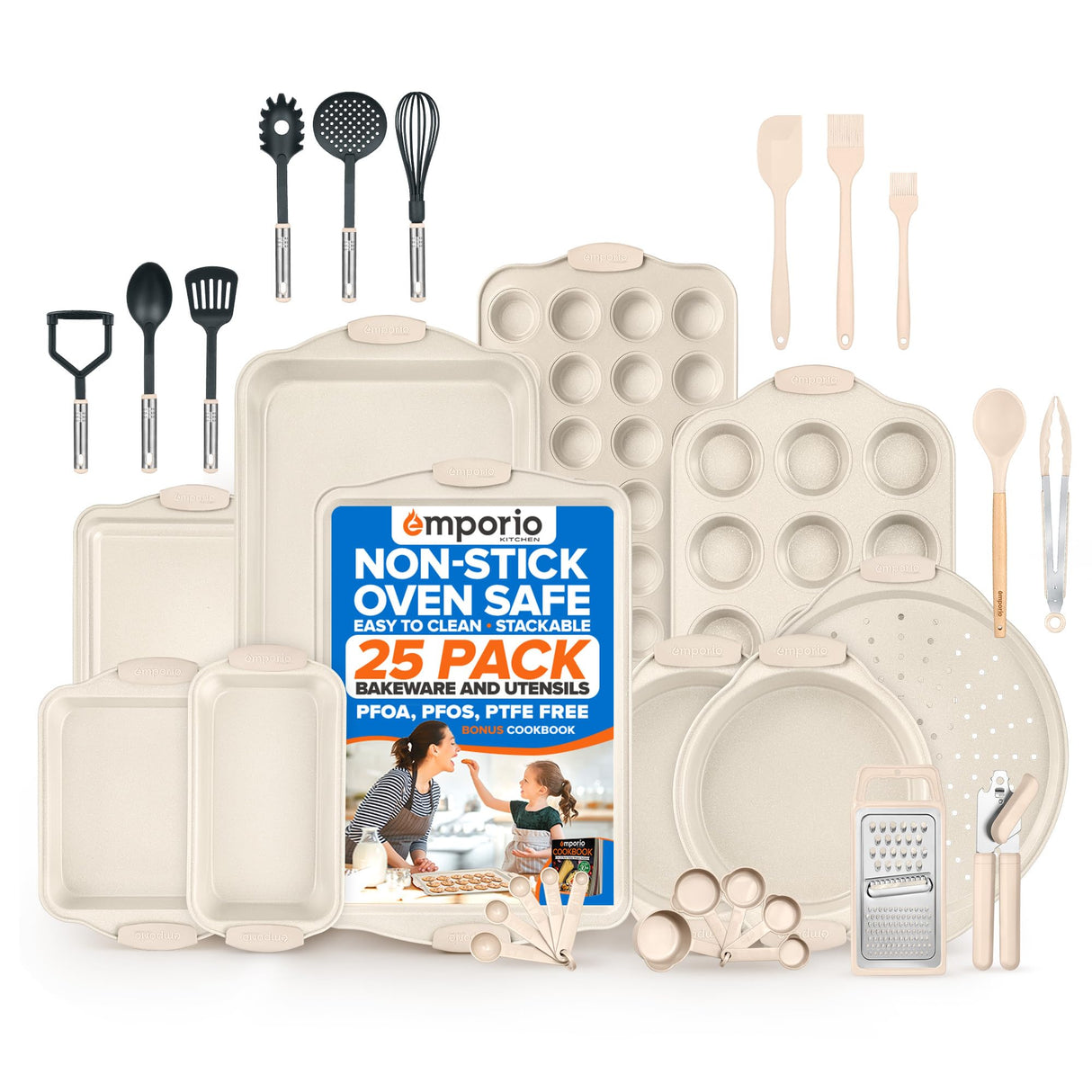 Emporio Kitchen Baking Pan Set - Nonstick Coating, Carbon Steel Bakeware Set with White Silicone Handle, PFOA, PFOS, PTFE Free, Recipe Booklet Included, Oven Safe Tray (Up To 450° F) Set of 25 - White Emporio Kitchen