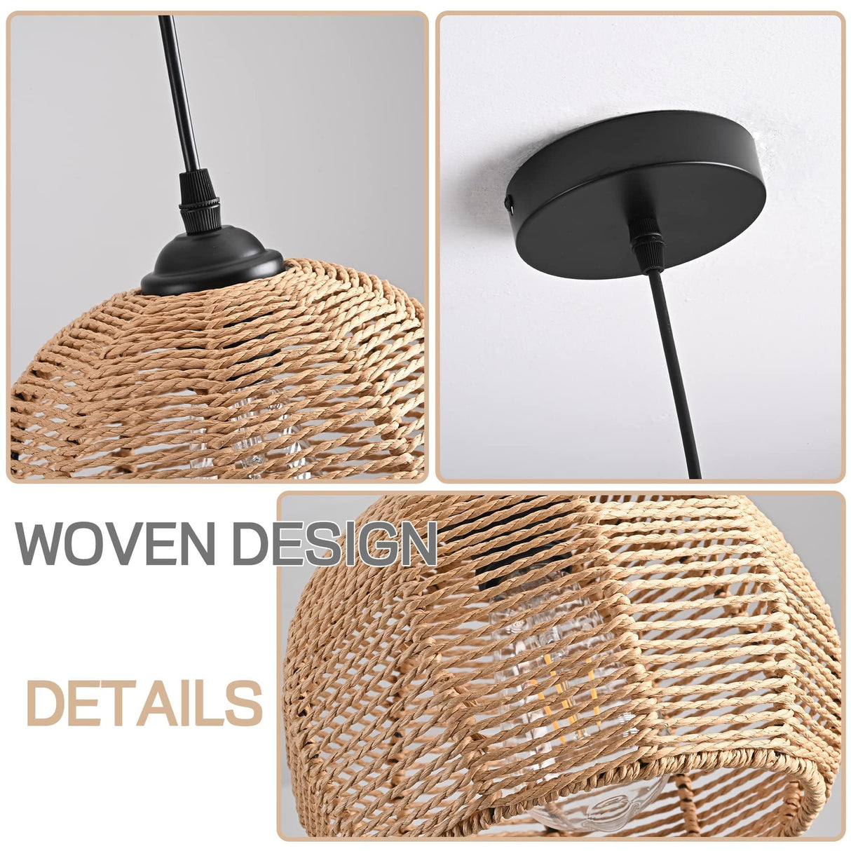 AyshwillDec Mini Hemp Rope Woven Pendant Light Woven Light Fixture Boho Chandelier Light Fixture Wicker Pendant Light Rattan Light Pendant Dome Wicker Chandelier for Bedroom Kitchen Island(Bulb Incl.) AyshwillDec