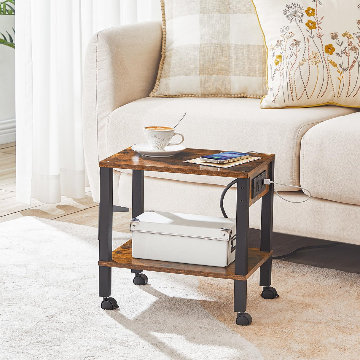 HOOBRO 2-Tier Printer Stand with Charging Station, Under Desk Printer Table, Printer Cart with Storage Shelves, Printer Shelf for Small Spaces, for Home Office, Rustic Brown and Black BF38UPS01 HOOBRO