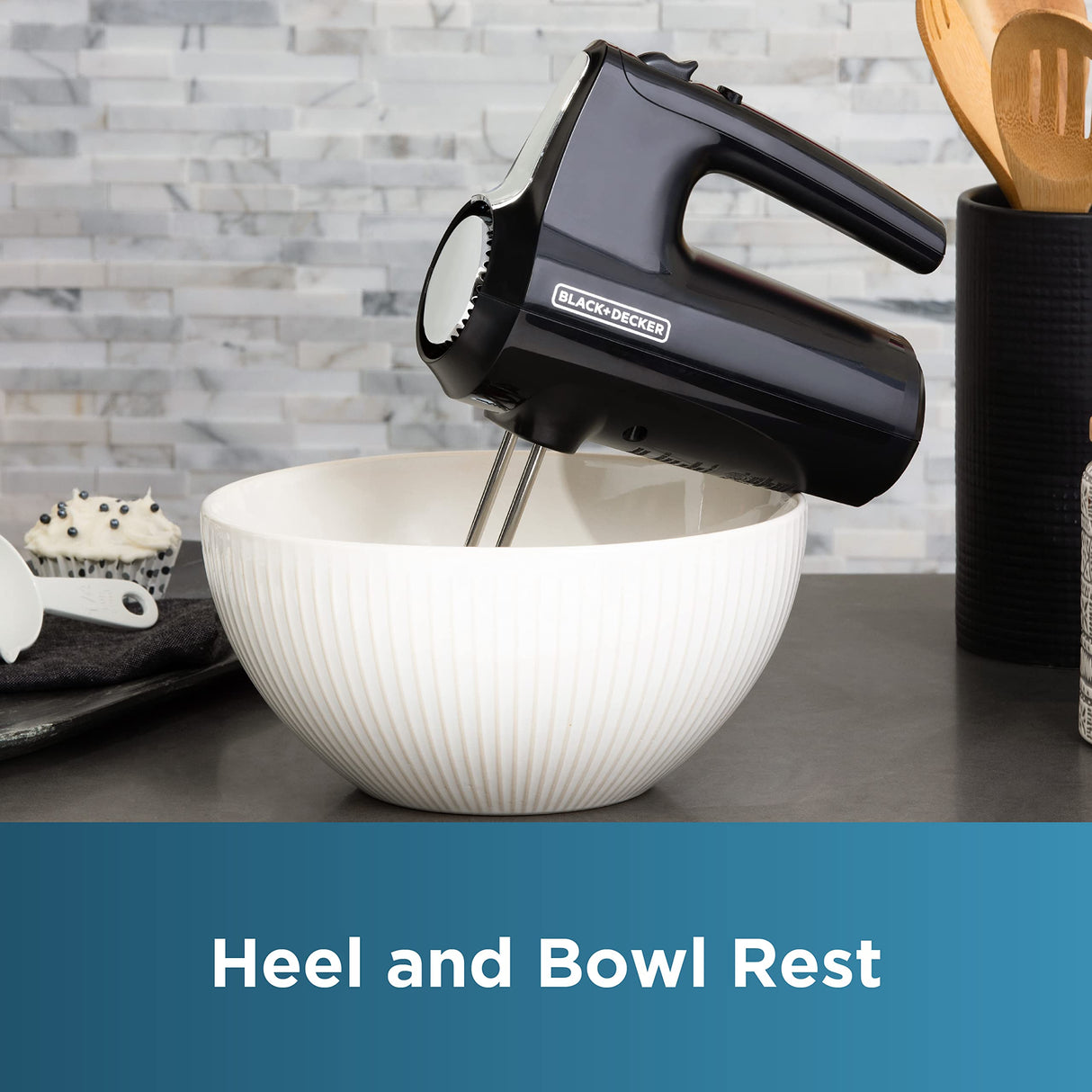 BLACK+DECKER 5 Speed Electric Hand Held Mixer, HELIX beaters, Whisk, and Dough Hook Attachments, Turbo Boost, Snap-On Storage Case BLACK+DECKER