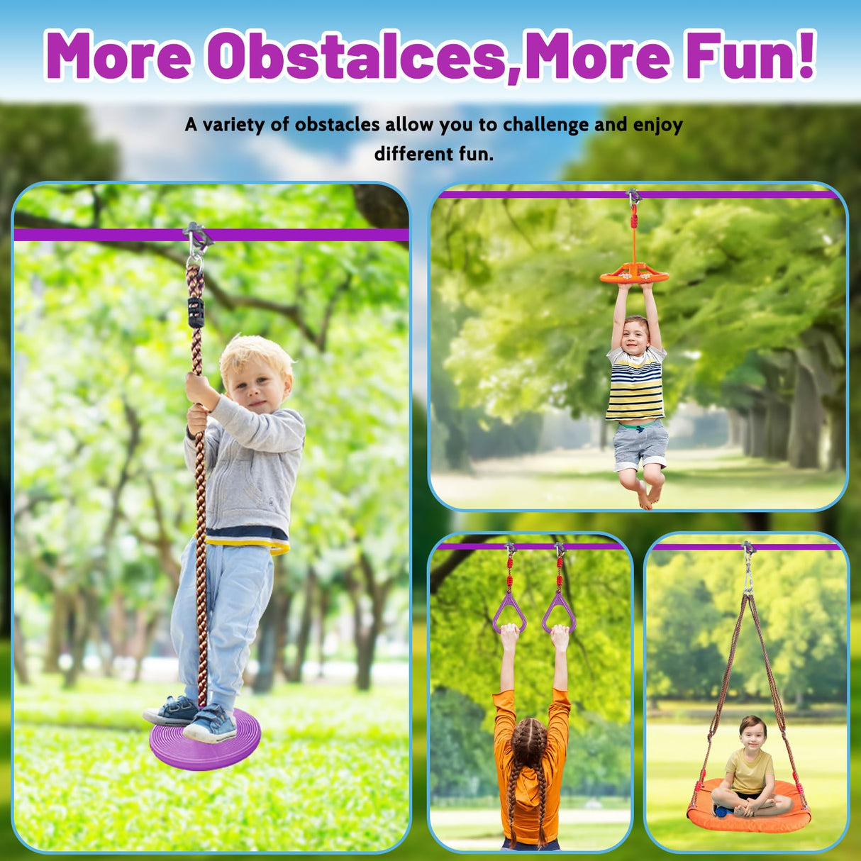 AOBOTE Ninja Warrior Obstacle Course for Kids,2x56ft Slackline with 12 Accessories,Saucer Swing with 360 Degree Rotating Wheel,Ninja Course for Kids Outside(AB010001-3) AOBOTE