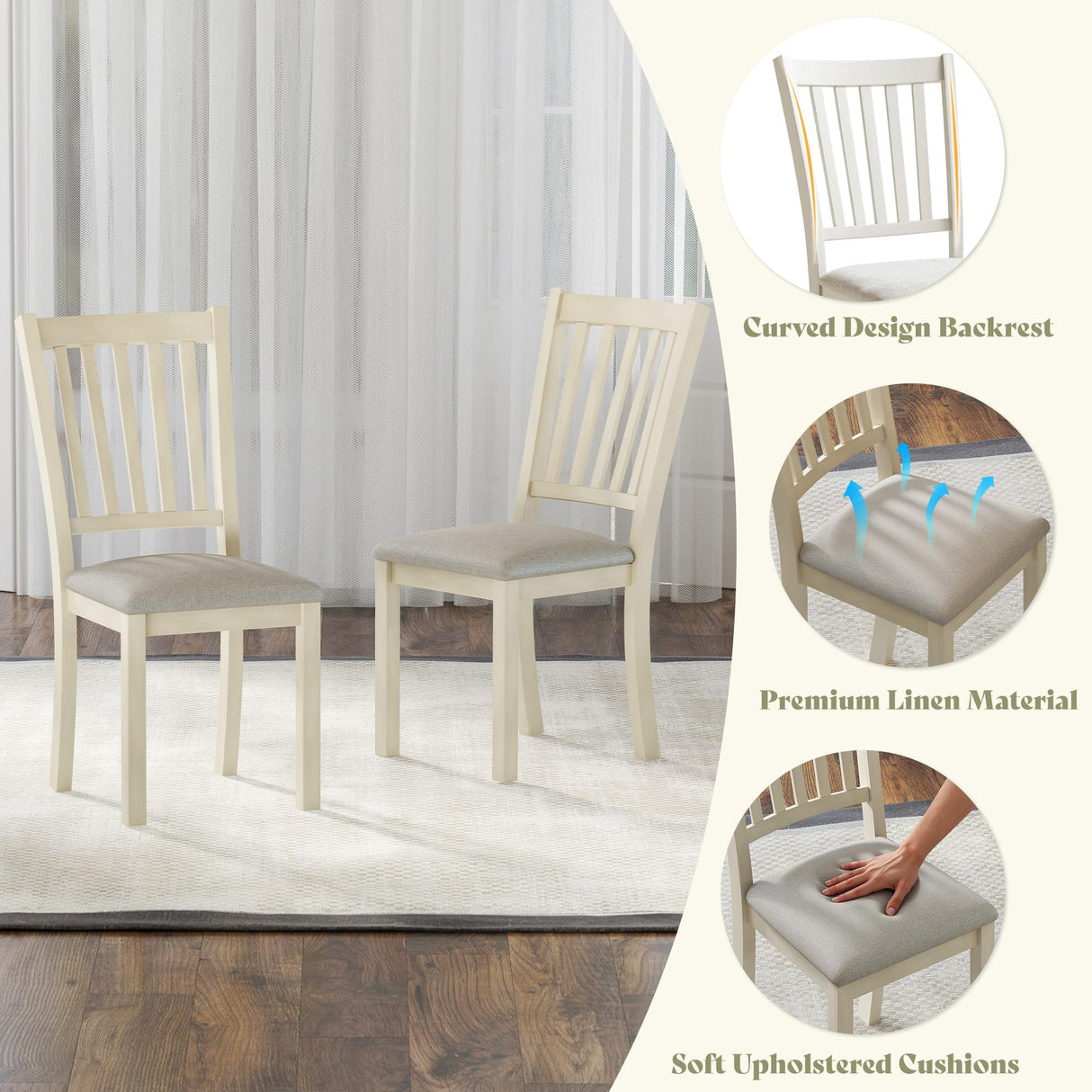 AMERLIFE 9-Piece Farmhouse Solid Wood Dining Table Set with 8 Upholstered Chairs, Roman Conical Legs, Seats up to 8, 79'' Dining Table & Chairs Set for Kitchen and Dining Room, Brown & White AMERLIFE