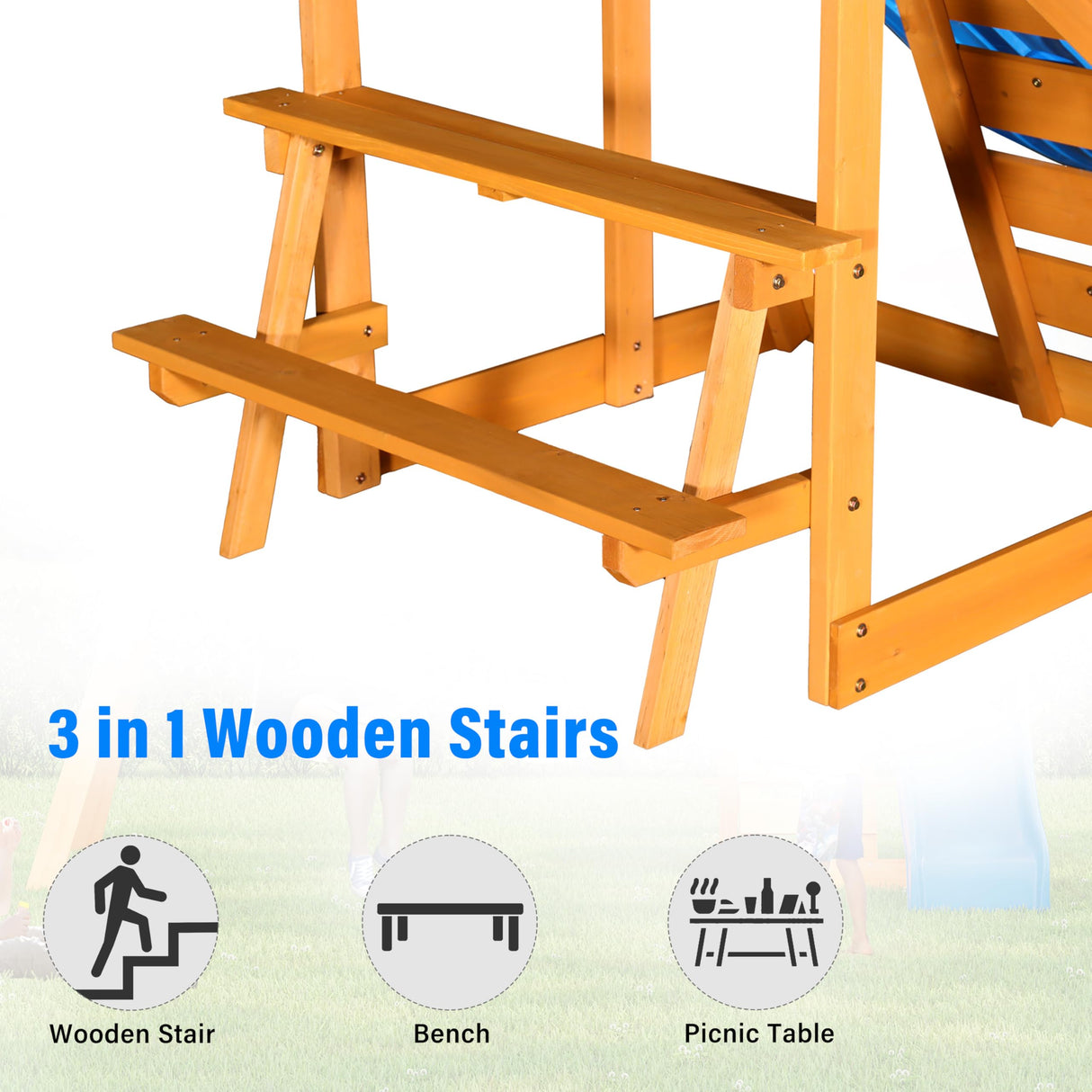 Playground Outdoor 3 in 1 Swing Sets with Slide, 2 Swings and Climber, Wood Outdoor Playset for Garden, Backyard and Playground (Blue) Flieks