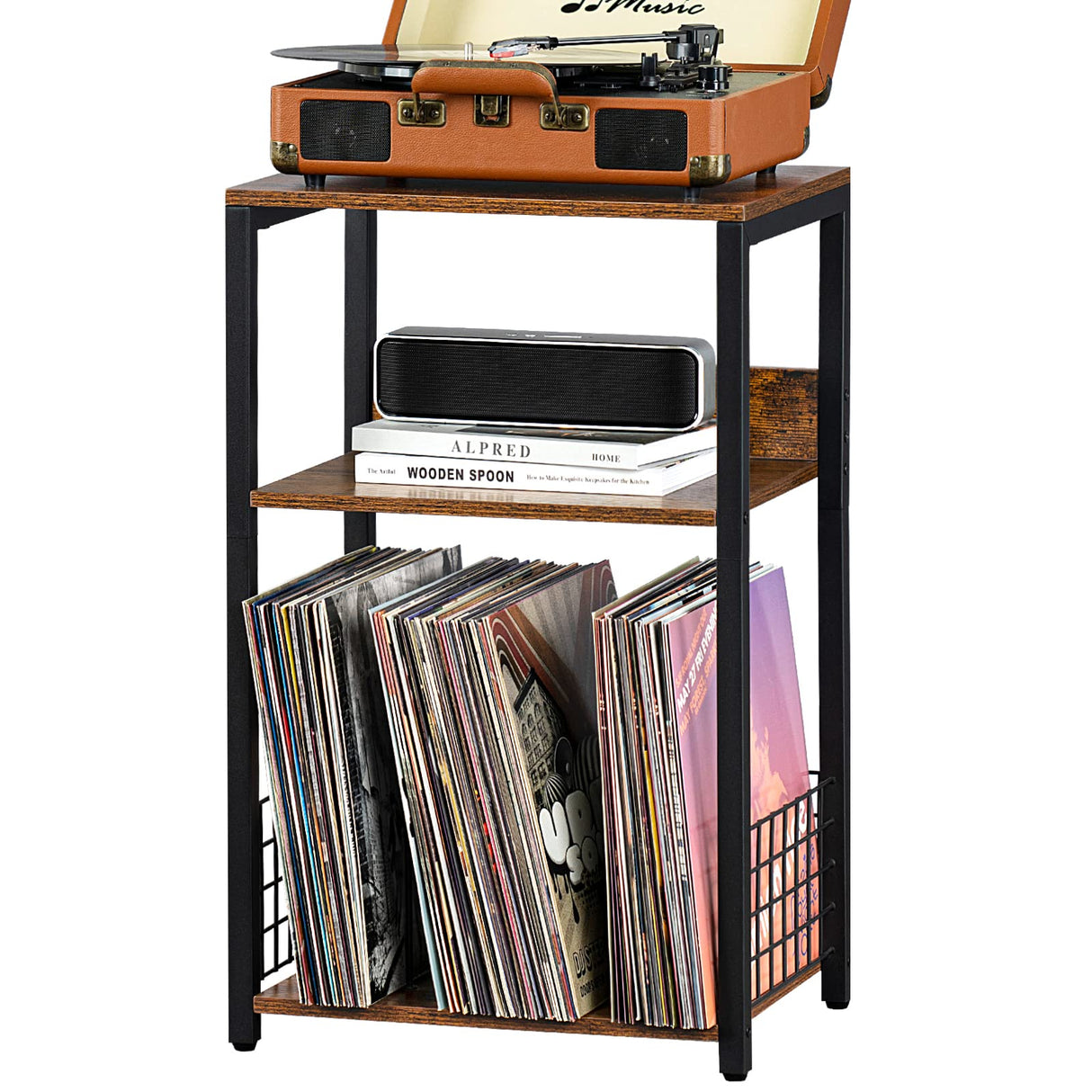 LELELINKY 3 Tier End Table,Record Player Stand with Storage Up to 100 Albums,Turntable Stand for Vinyl,Brown Records Shelf for Living Room Bedroom LELELINKY